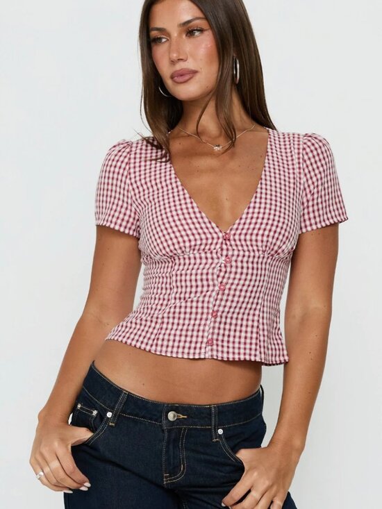 Princess Polly Tops - Princess Polly Red Gingham Button Front Top NWT